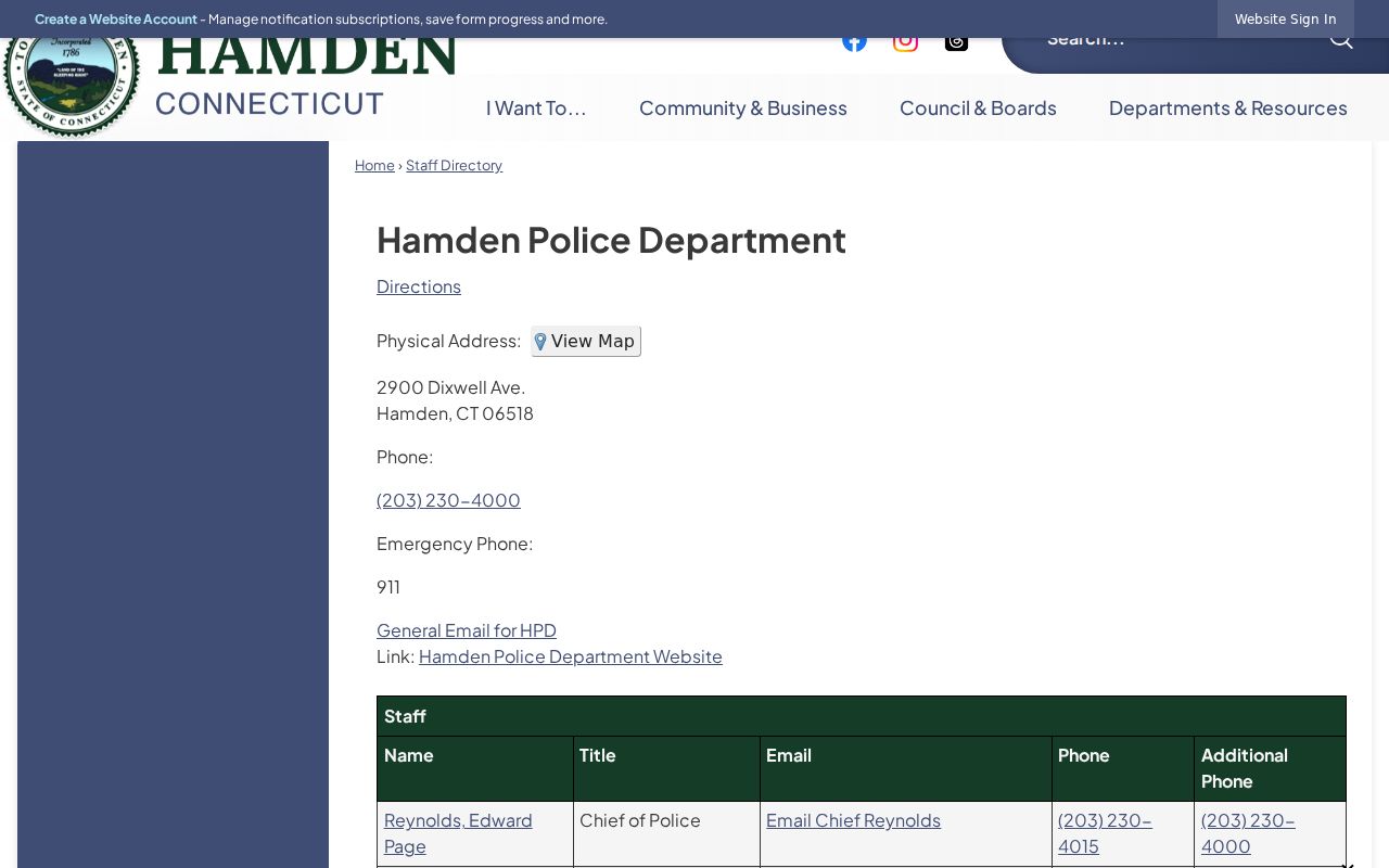 Official Hamden Police contact directory for arrest record requests