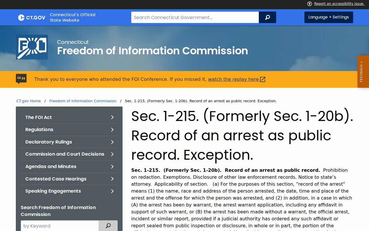 Connecticut Freedom of Information Commission public arrest record rule