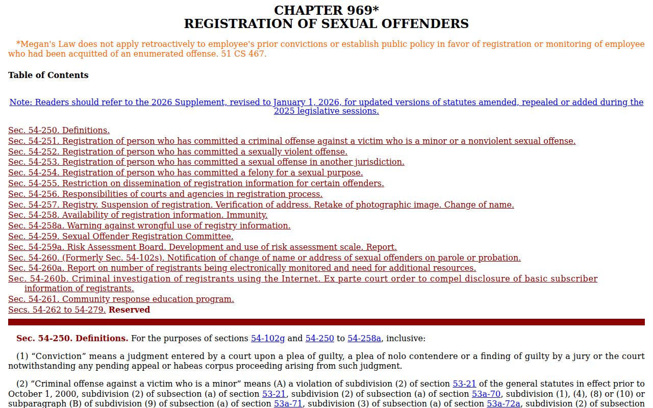 Connecticut Chapter 969 law for a Hamden sex offender check