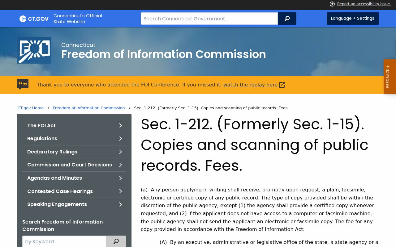 Connecticut public record copy fee statute