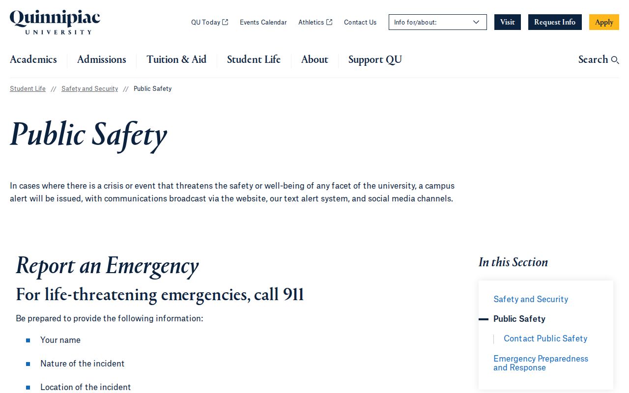 Quinnipiac University Public Safety information for its Hamden campus